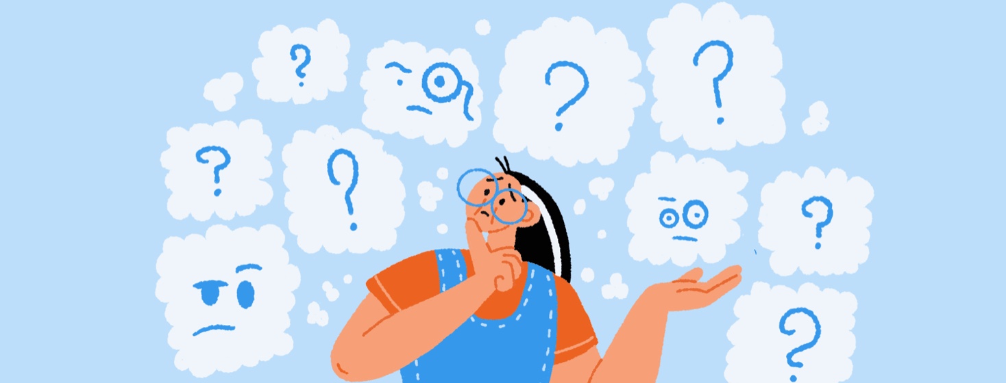 A woman looks up in confusion as question marks float around her