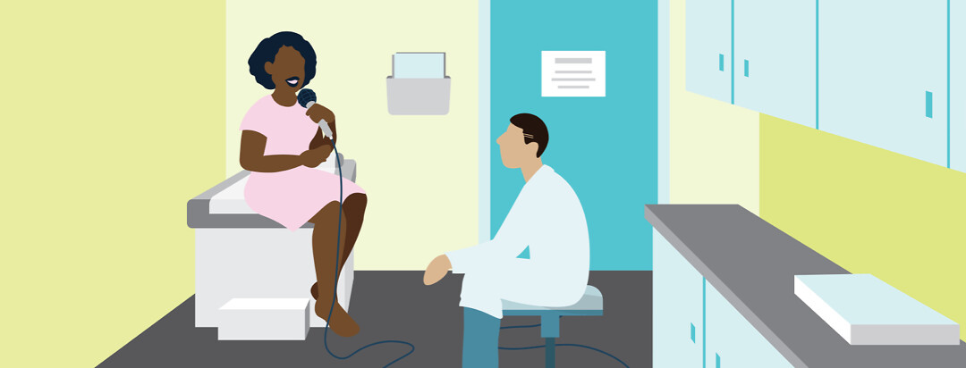A Black, African American, POC adult woman sitting on a doctor's exam table speaks confidently into a microphone as an adult male doctor sits in a chair and listens. Speak up, say something, self-advocate, self-advocacy.