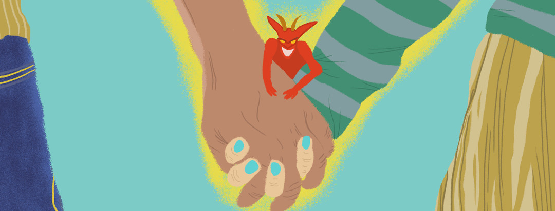 A tiny devil sits on the folded hands of two people.