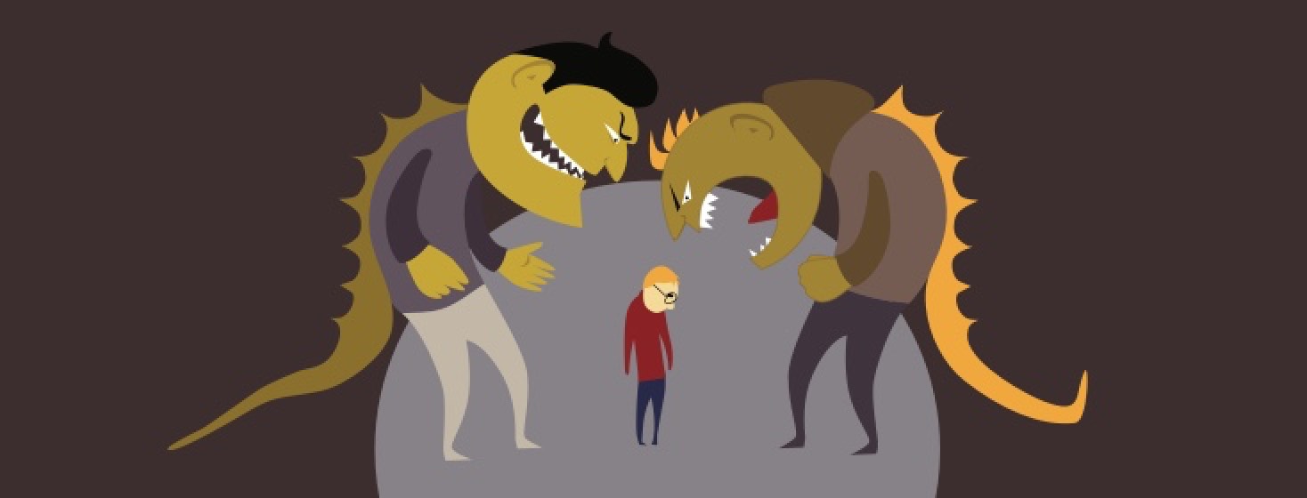 Two giant monsters scaring a smaller man.