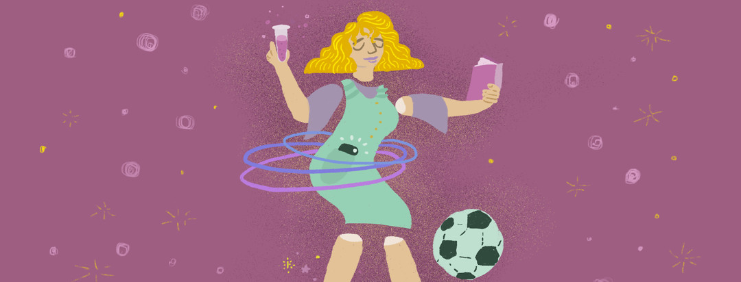 Woman with disconnected body parts is playing soccer, hula hooping, holding a test tube, and reading.