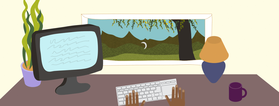 moving crescent moon while woman is at a computer