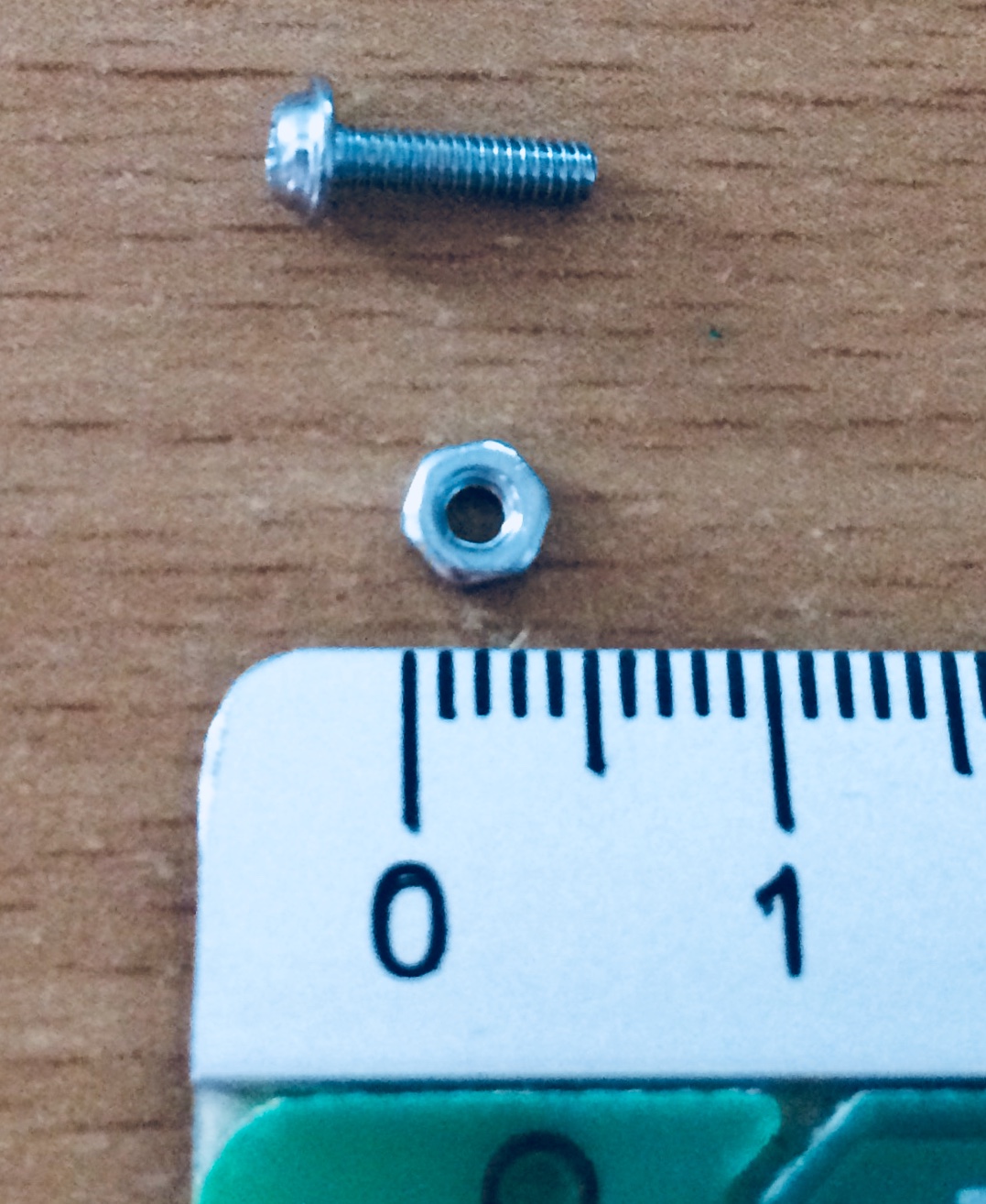 nut and bolt next to a ruler for scale