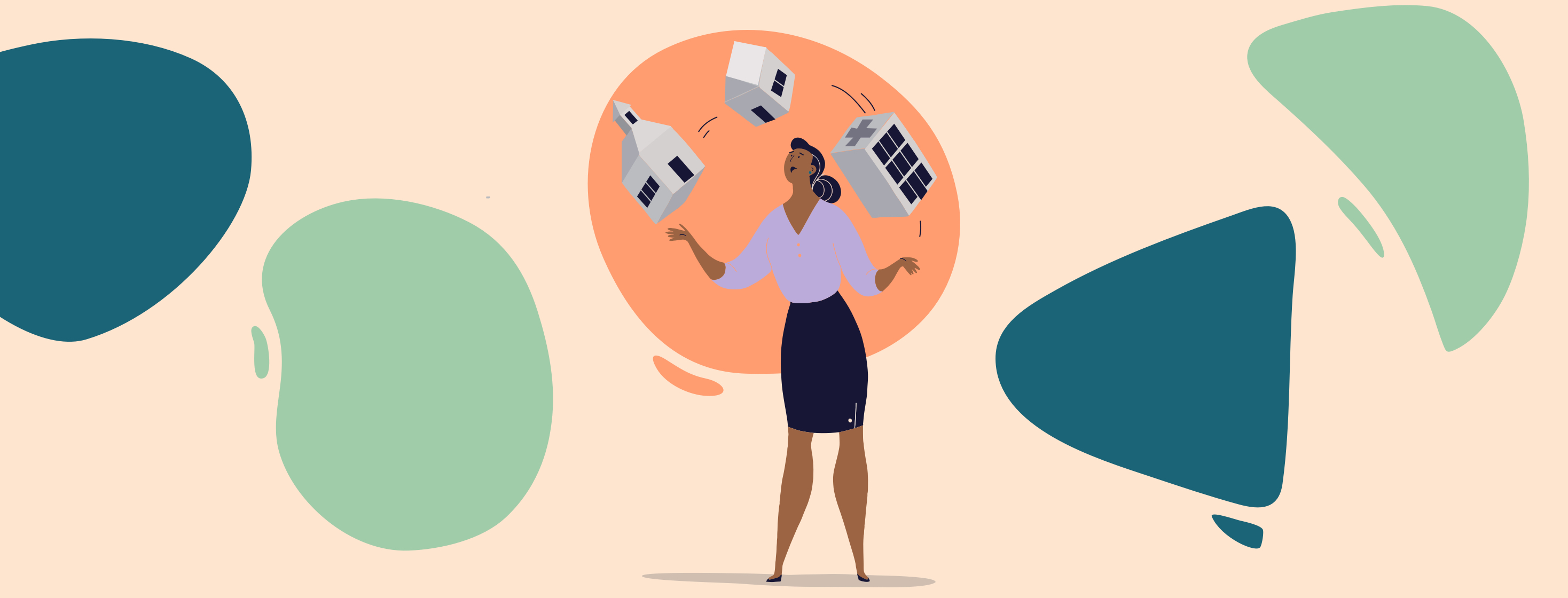 A woman is juggling three cubes in the shape of a house, a school, and a hospital.