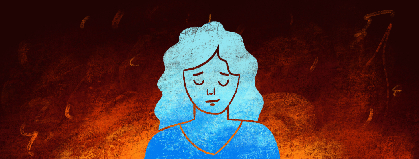A woman is surrounded by a dark fire background while she tries to accept a cool blue demeanor.