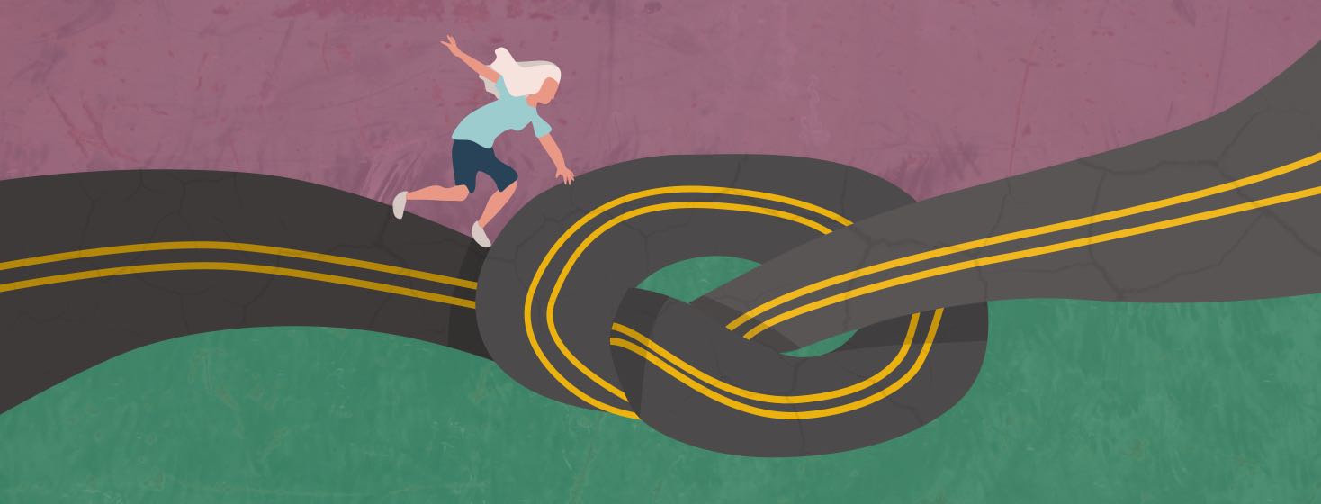A woman losing her balance trying to walk on a road twisted in a knot.
