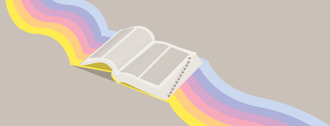An open dictionary with a rainbow behind it.
