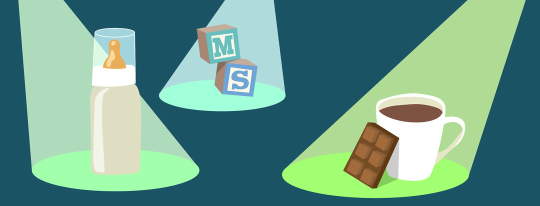 Spotlights showcasing a baby bottle, blocks spelling out "MS", and a cup of coffee with a chocolate square.