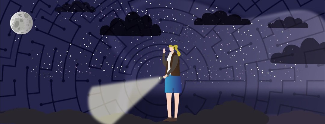 A woman searching the unknown with a flashlight in hand and a maze outline behind her.