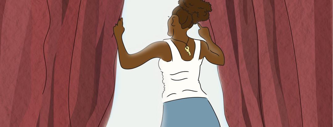 A woman opening the curtains to start a new day. She has a key necklace hanging down the back of her neck.