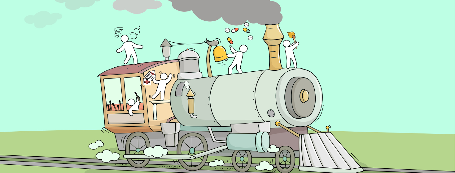 A speeding train with tiny people trying to keep up.