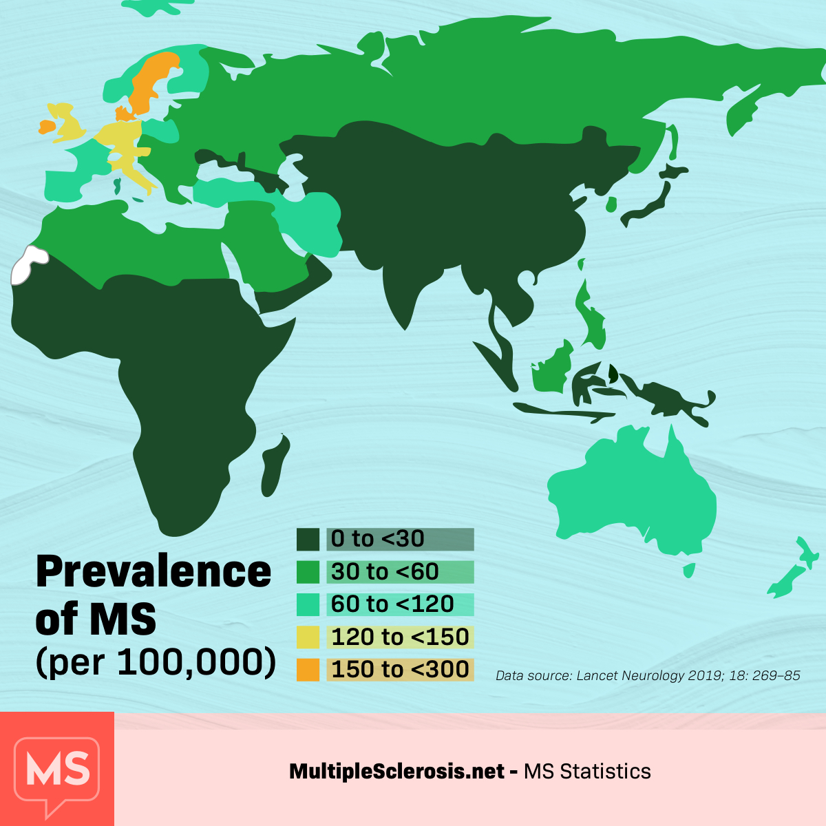 Map of Africa, Europe and Asia showing the prevalence of MS per 100,000.
