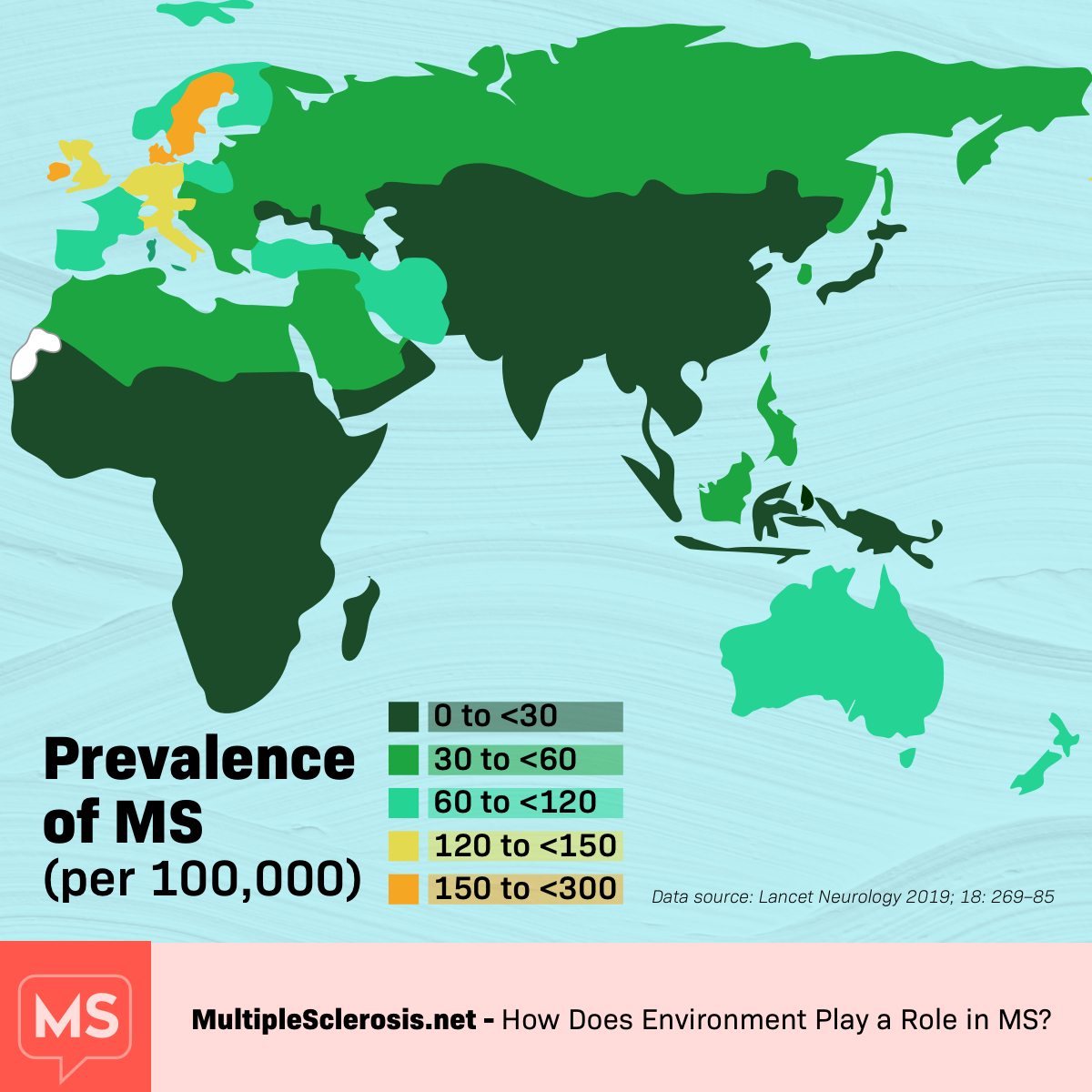 -Map of Africa, Europe and Asia showing the prevalence of MS per 100,000.