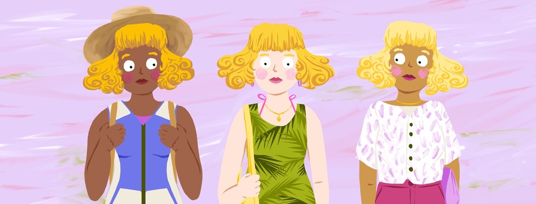 Three versions of Goldilocks stand together, one wearing a 3/4 length sleeved shirt and pants, one wearing a sleeveless dress with a pink swimsuit underneath, and one wearing a cooling vest and straw hat.