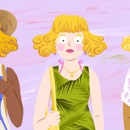 Three versions of Goldilocks stand together, one wearing a 3/4 length sleeved shirt and pants, one wearing a sleeveless dress with a pink swimsuit underneath, and one wearing a cooling vest and straw hat.