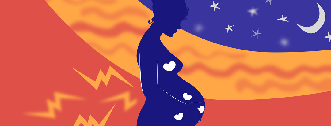 A silhouette of a woman with three hearts surrounding her stomach. In the background is a starry night, heatwaves and bolts of lightening to symbolize pain.