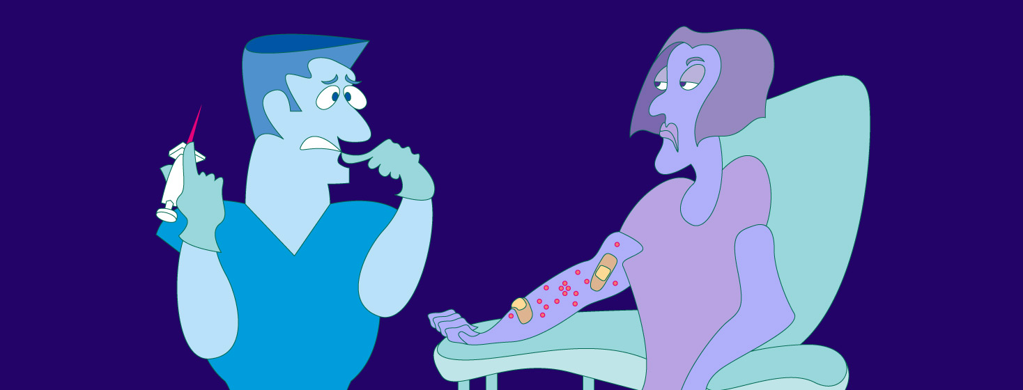 A nurse biting his nails after failing numerous times to do a blood draw. The patient is not pleased and is giving him side eyes.