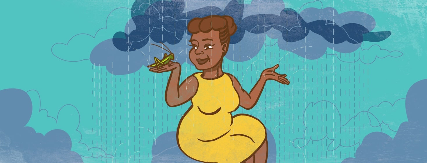 a woman sits on a cloud surrounded by clouds raining and holds a grasshopper in one hand and holds out her other hand to feel the rain