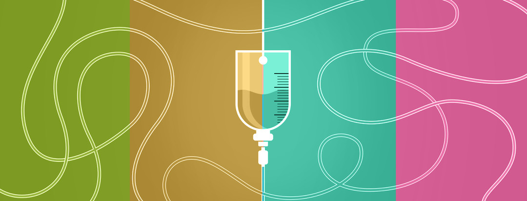 An illustration of an infusion bag hanging with tubes twisting all around it. Four different colors are used to show the different reactions people may have while receiving it.