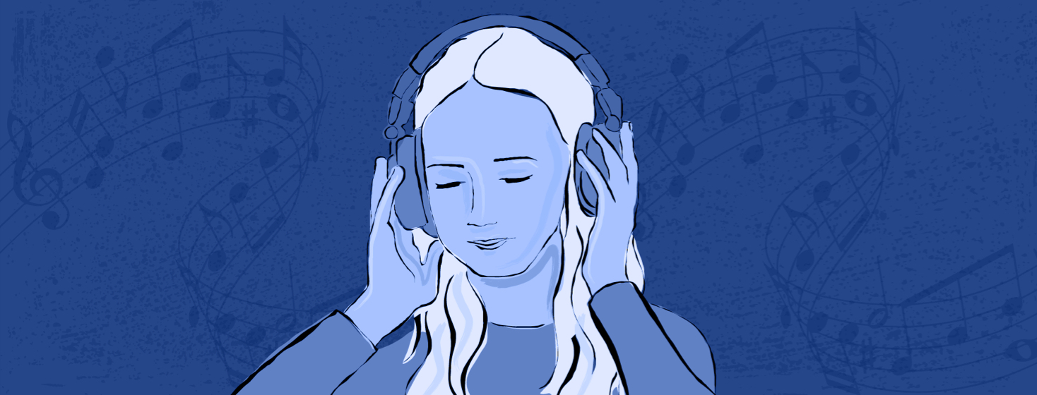 A woman with white hair listening to music on a set of large headphones while musical notes float around her head.