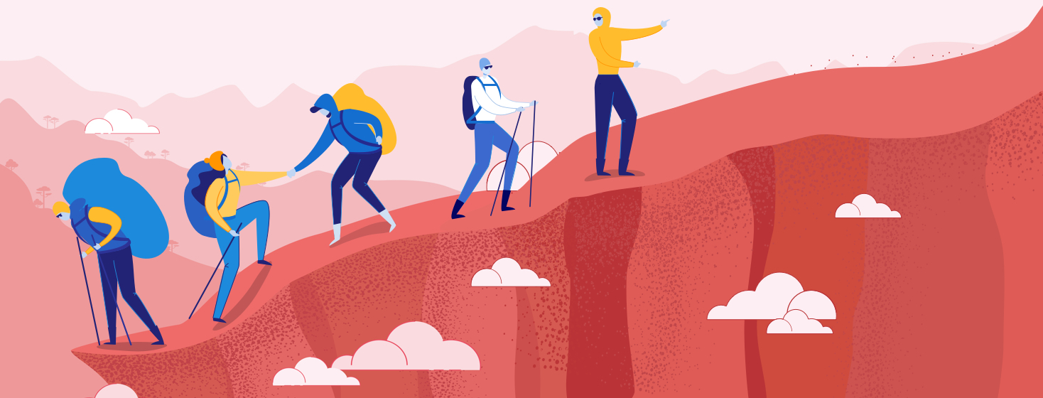 A group of people hiking up a steep mountain. Some people have larger backpacks than others. Some people use hiking poles for assistance.