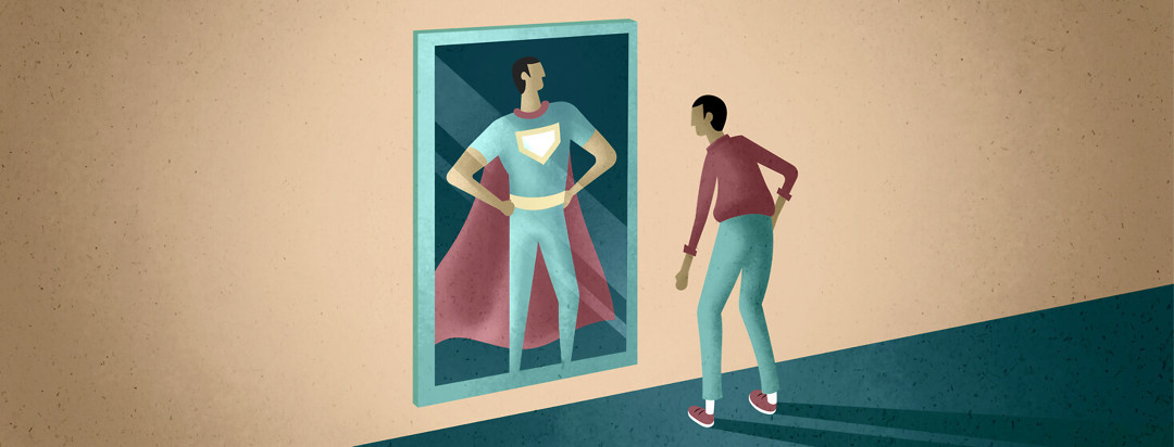 A man looking in the mirror sees himself as Superman, yet feels the opposite.