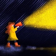 A woman in a raincoat shines light in a dark rainstorm by speaking into a megaphone.