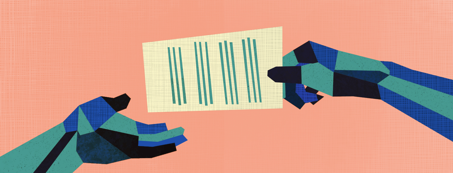 Two multicolored and patterned hands passing a paper over.