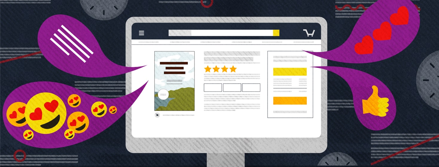 computer screen showing a book for sale with positive comments coming out of the screen