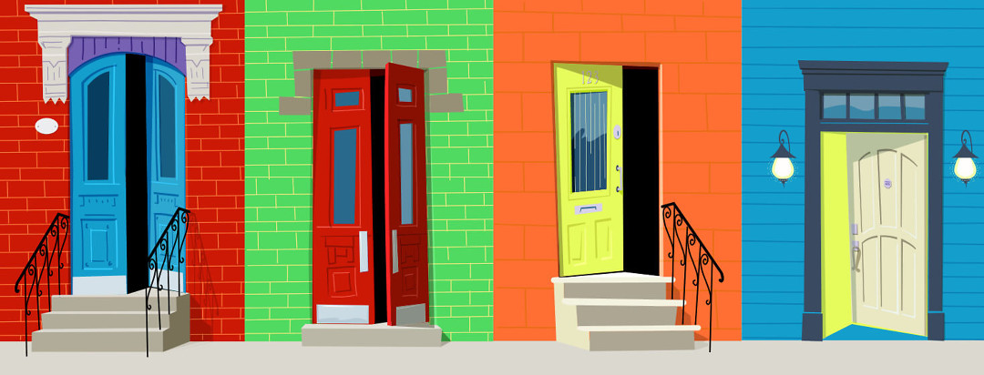 Four colorful and inviting front doors. Three of them have various levels of stairs leading to them and the lights are off inside. The last door is open with light streaming out of it. The door is on ground level and handicap accessible.