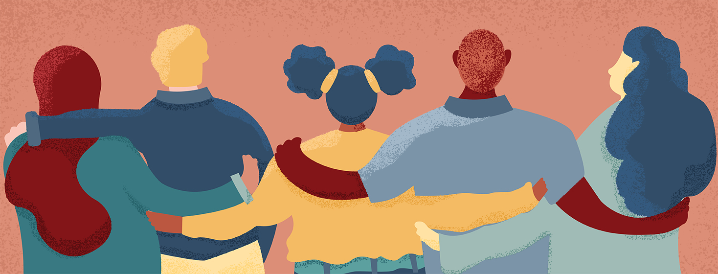 Back view of several people with their arms around each other.