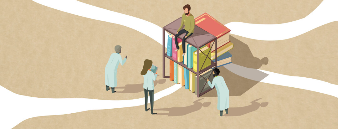 A patient sits on top of a pile of books while three different doctors are pointing and trying to explain something.