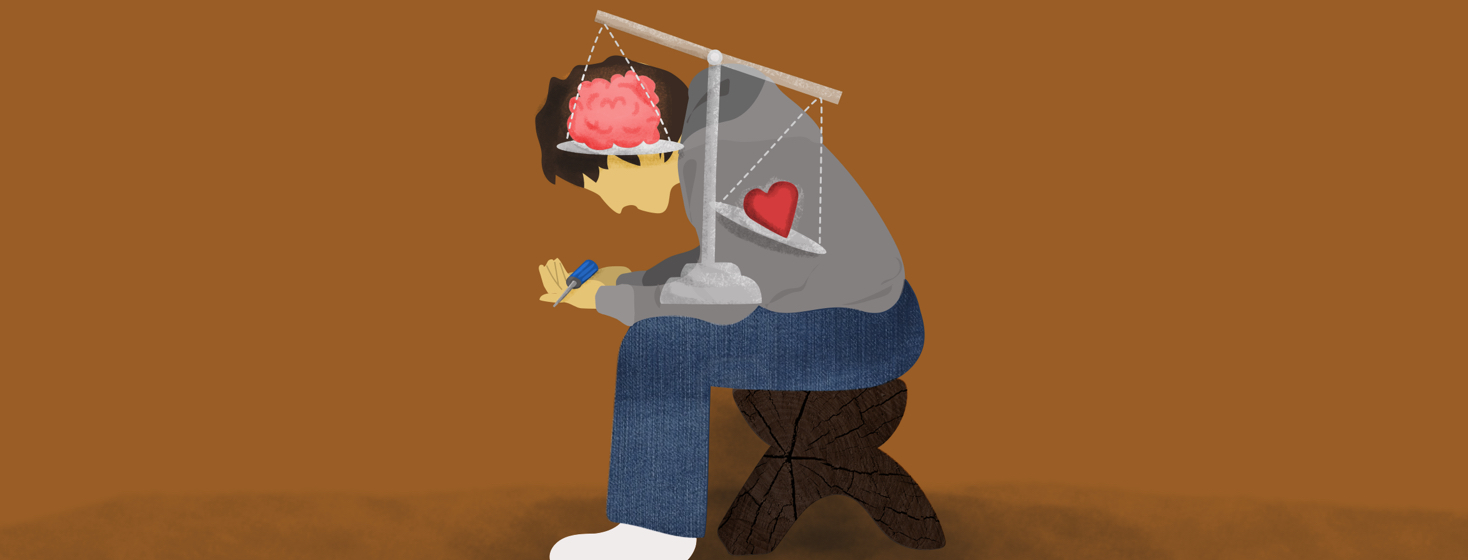 A person staring down a tool in their hands. There is a scale of justice overlaid that shows their head and heart trying to balance out.