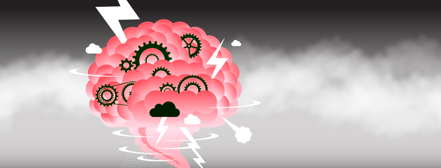 A pink brain is floating alone in a empty foggy space. There are gears that can't be fully seen and thunderclouds with lightening.