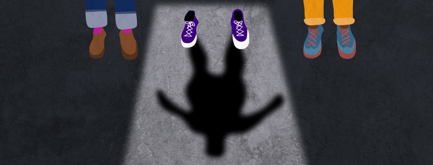 Three pairs of shoes in a row. The middle pair is empty but a shadow of their figure casts on the floor.