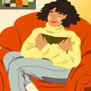 Woman in an armchair happily hugs a book to her chest.