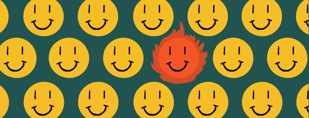 Multiple yellow smiley face emojis in rows, but one is on fire and red in the face.