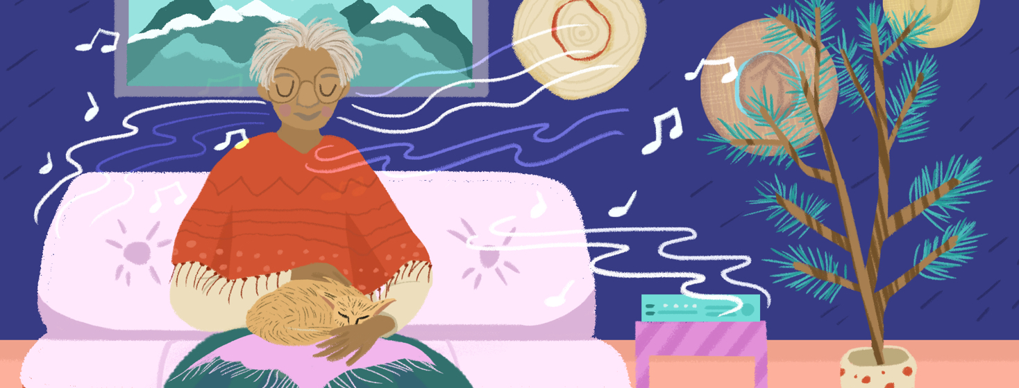 A woman is sitting on a couch with her eyes closed while a cat sits on her lap. There is a music player next to the couch and calm musical notes are wafting through the air.