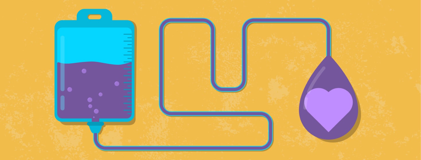 An iv bad with a droplet coming out the other end with a heart in the droplet