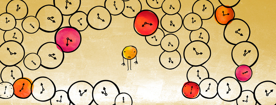 A yellow watercolor circle stands in the middle of the frame with a sad face. It is surrounded by clocks colored in various shades of yellow, orange, and red.