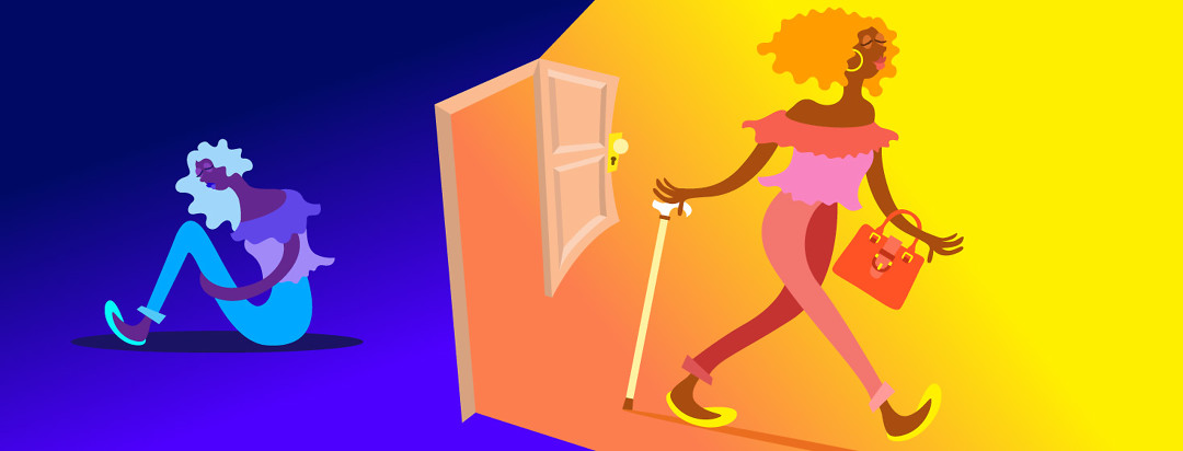 On the left side of the image, a woman is sitting alone on the floor in the dark. In the middle a door is open and she is walking out into the light with a cane, purse, and smile on her face.