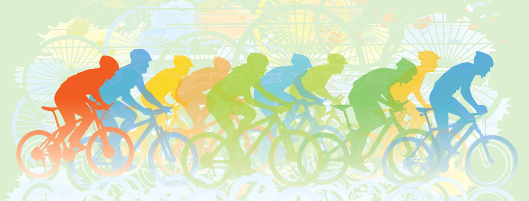 A colorful silhouette of a group of women bike riding. The person in the back stands out from the crowd and is highlighted orange.