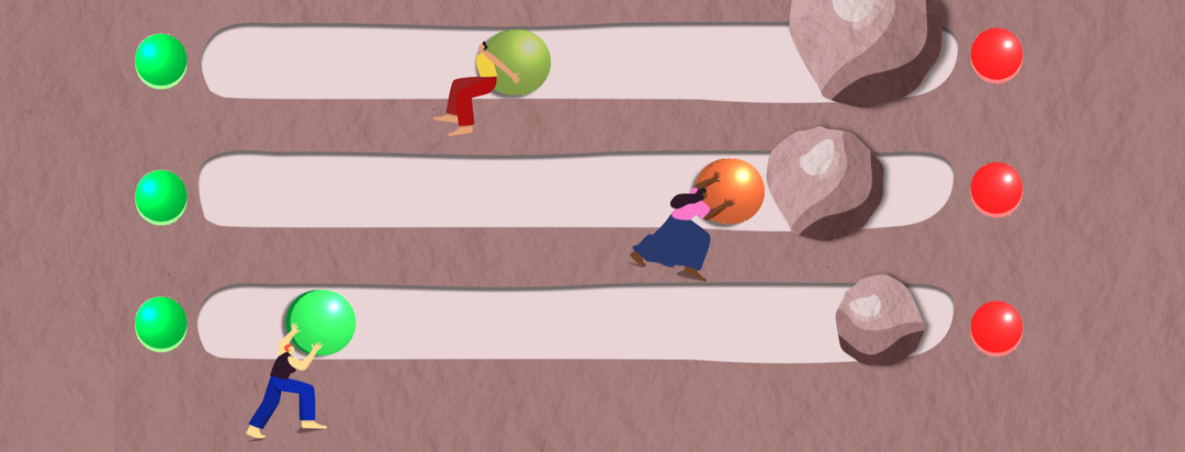 Three different people are in a row trying to push a green circle from "on" to "off". There is a boulder in the way of each path right before the off button.