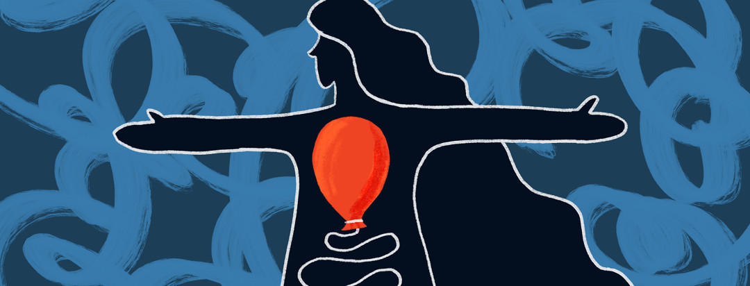 Silhouette of a woman holding her arms out. An orange balloon is shown bloating her insides while the string simulates the intestines.