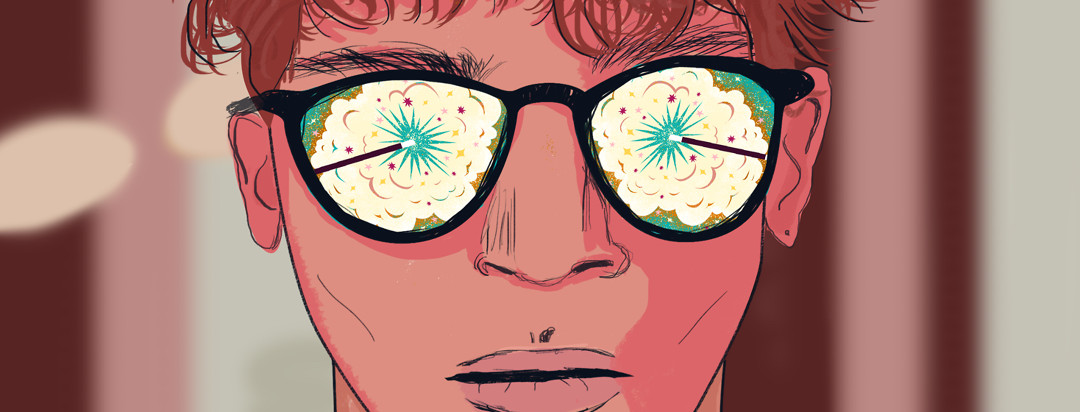 A magic wand with a poof of stars and glitter, reflected in a pair of sunglasses on a close-up face.