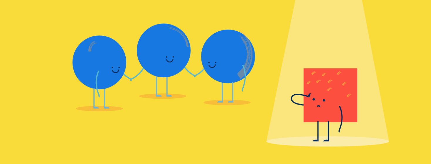 Three blue circles holding hands, one red square sad alone in the spotlight, feeling left out