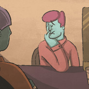 A person sits across the desk from their boss. They have their hand slightly covering their mouth with their lips in the shape of an "X".