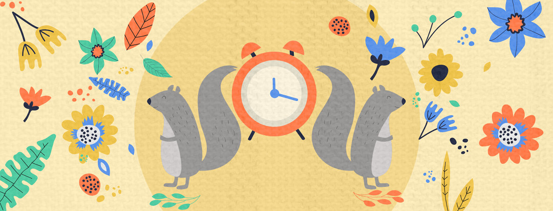 An alarm clock sits in the middle of the image with two squirrels that have their back to it. The squirrels are surrounded by forrest flowers.