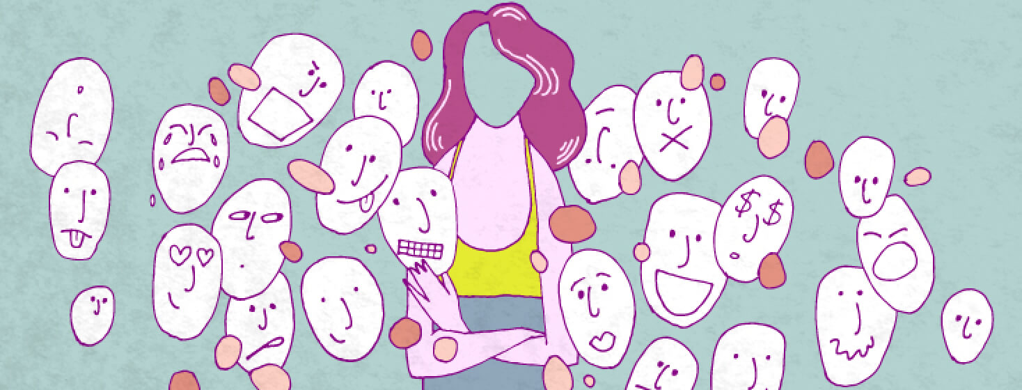 A woman with her arms crossed and a blank face. She is surrounded by floating faces with different emotions.