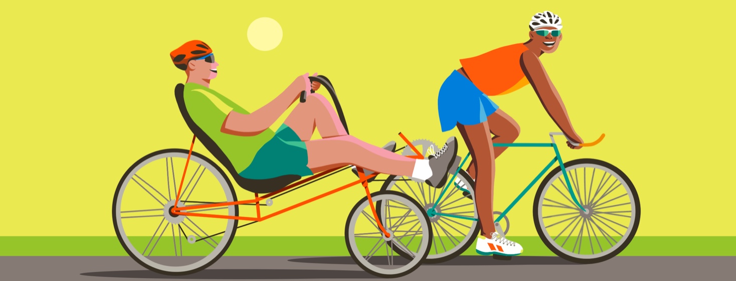 Two people riding a recumbent bike and a road bike in the summer.